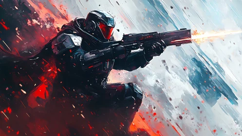 Armored sci fi marksman fires plasma rifle amid dynamic debris field