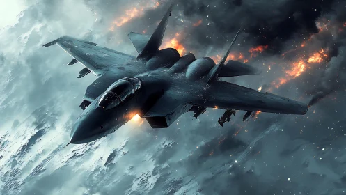 Stealth fighter jet diving past explosions over icy terrain.