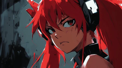 Red haired anime warrior with headset in profile view.