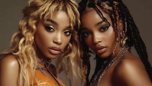 Twin portrait contrasts textured hairstyles with high-gloss beauty lighting