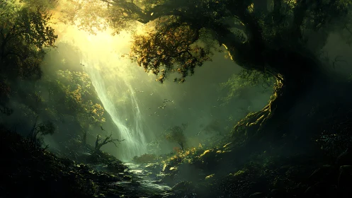 Luminous Cathedral: Where Sunlight Bathes the Misty Forest.