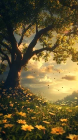 Sunlit meadow tree stands over field of yellow wildflowers