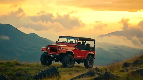 Crimson cliff-climber pausing in golden mountain twilight.
