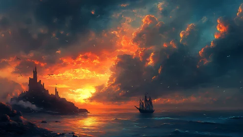 Coastal castle and sailing ship under dense sunset clouds.