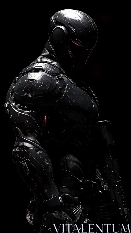 Shadowed cybernetic guardian in sleek black armor.