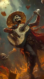 Skeleton mariachi guitarist strides through swirling embers