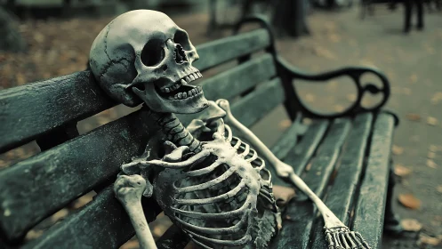 Human skeleton model lies slumped on worn green park bench