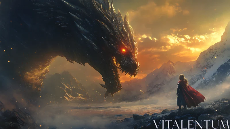 Dragon confronting cloaked figure in snowy mountain valley.