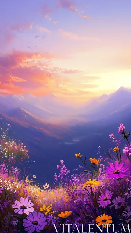 Digital landscape depicts mountain valley with wildflower foreground