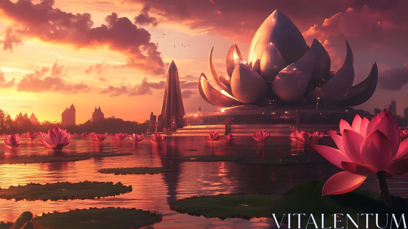 Futuristic lotus temple reflects warm sunset across tranquil lake
