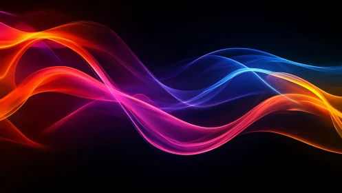 Vibrant neon light waves flowing across deep black space.