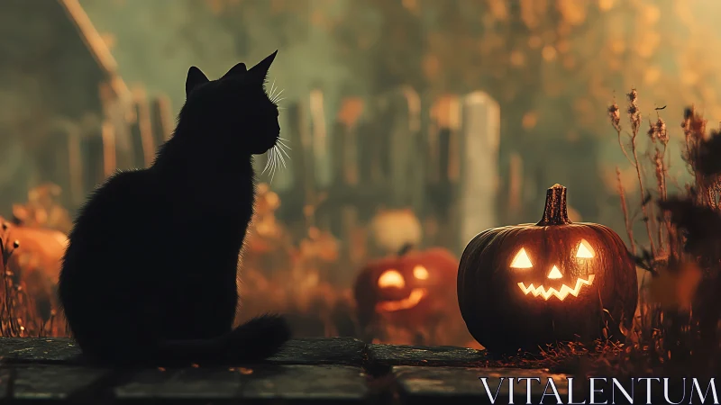 Black cat silhouette with illuminated jack-o-lantern pumpkin in autumn setting