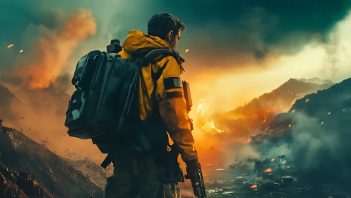 Lone armed survivor watching burning valley at dusk.
