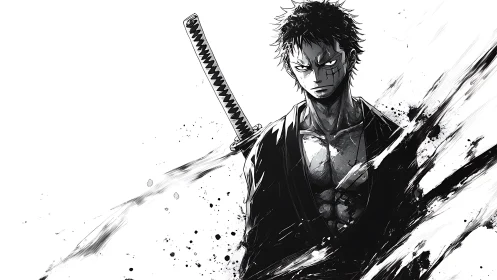 Scarred swordsman stands in stark black and white ink storm