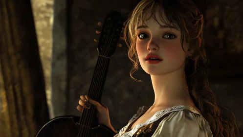 Digital portrait shows young woman holding stringed instrument