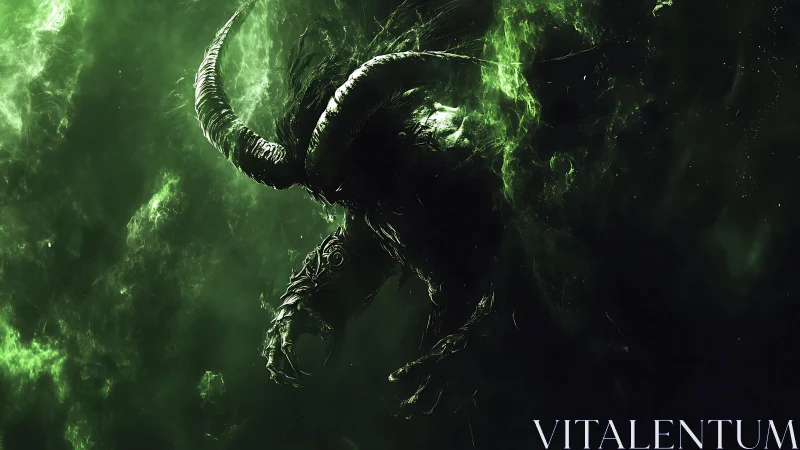 Demonic horned wraith erupts through toxic green void