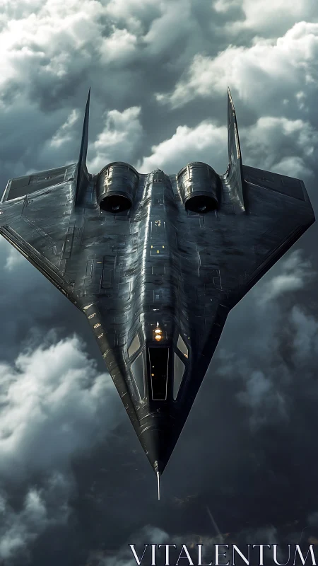 Stealth aircraft viewed from above in overcast sky conditions.