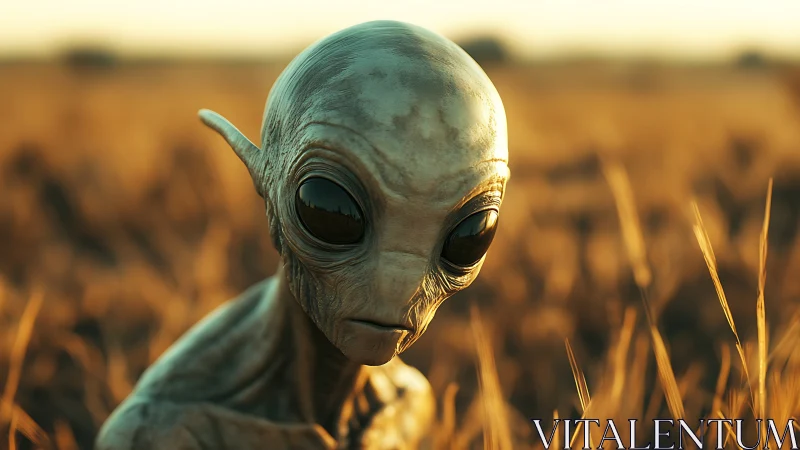 Alien wanderer stands alone in golden sunset wheat field