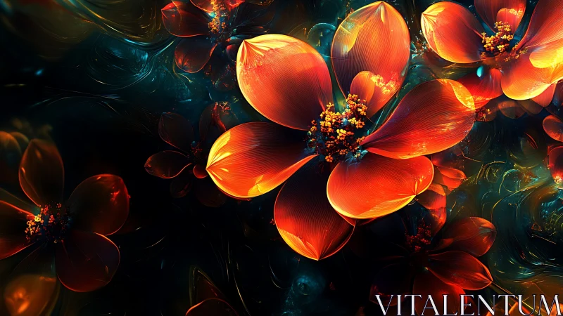 Luminous digital flowers glow against a dark cosmic backdrop.