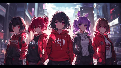 Confident street squad stands united in glowing city lights