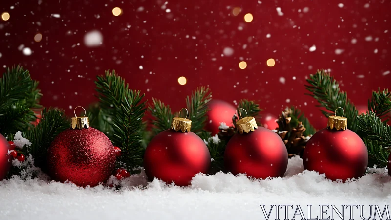 Cozy red Christmas baubles nestled in snowy evergreen cheer.