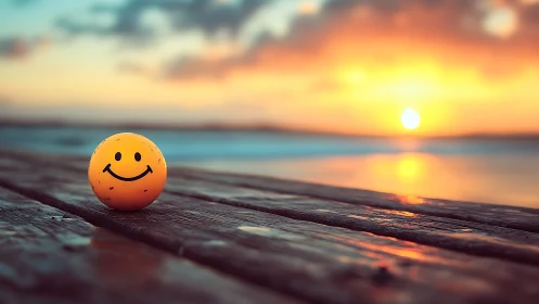 Smiley sphere on weathered pier under shallow depth sunset.