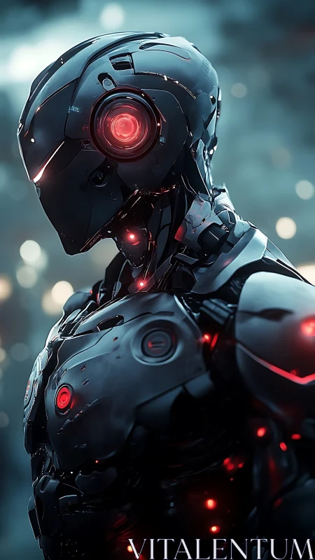 Cybernetic combat android stands in mist with red sensors active