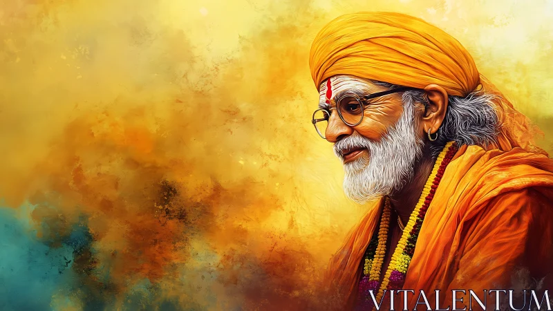Elderly Hindu guru portrait in warm orange digital art.