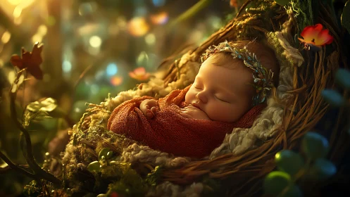 Forest cradle dreamscape with sunlit fairy-tale newborn glow.
