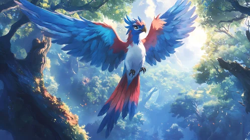 Majestic Fantasy Bird in Vibrant Forest, Digital Art Illustration.