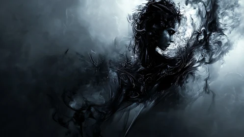 Dark ethereal figure emerging from swirling black mist.