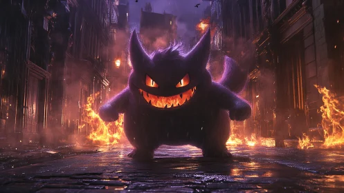 Purple creature stands in burning alleyway with backlighting