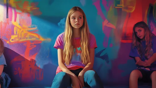 Pensive preteen girl against neon graffiti wall, shallow depth