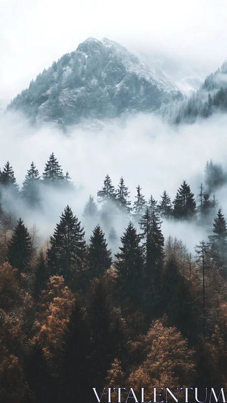 Mist-draped alpine peak above autumn conifer forest.