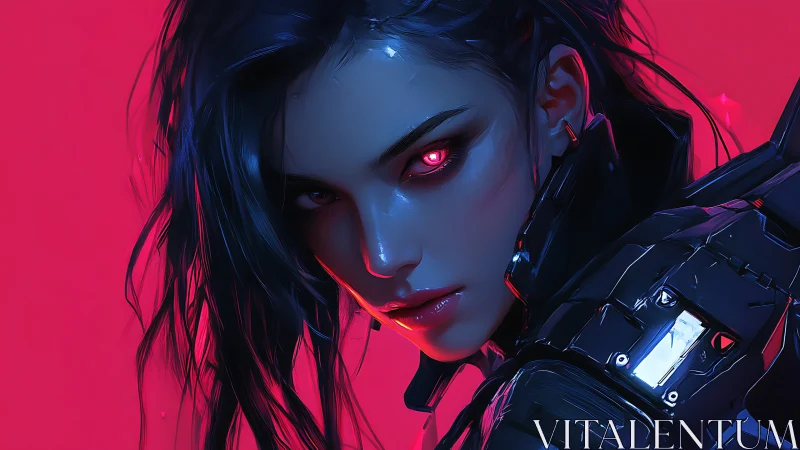 Cybernetic operative portrait with neon magenta backlight and red ocular implant