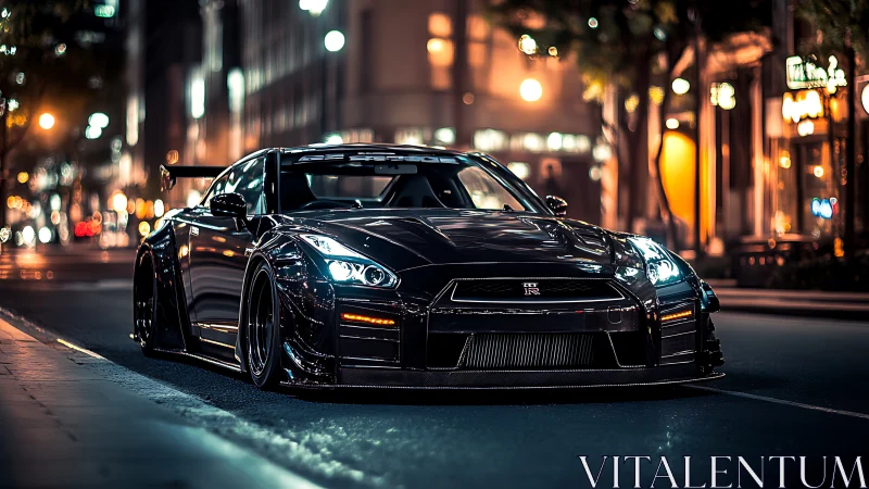 Black performance coupe on illuminated urban street at night.