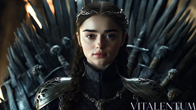 Young armored queen sits on dark spiked iron throne