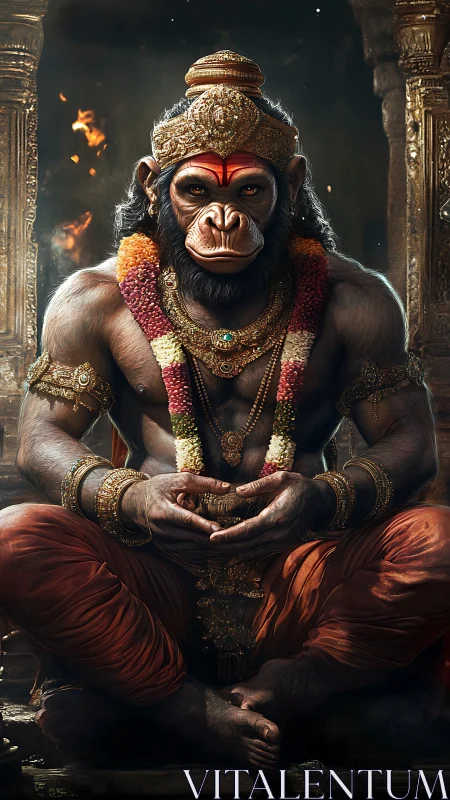 Regal monkey warrior sits in calm, temple-lit meditation