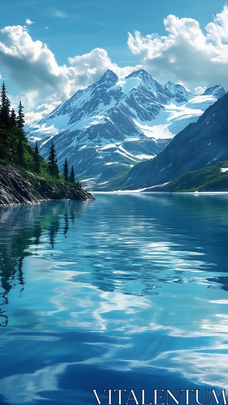 Snowy mountain range above calm blue alpine lake water.
