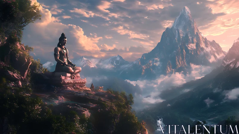 Colossal seated deity statue in misty alpine valley at sunrise