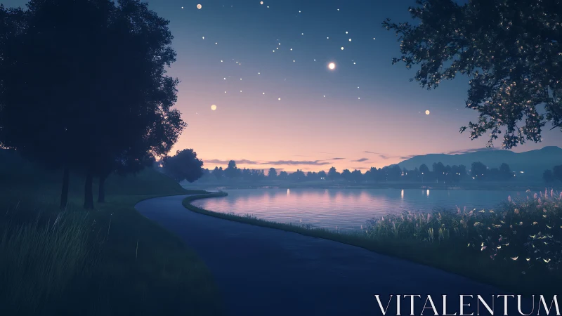 Serene lakeside path glowing softly under dreamy evening sky.
