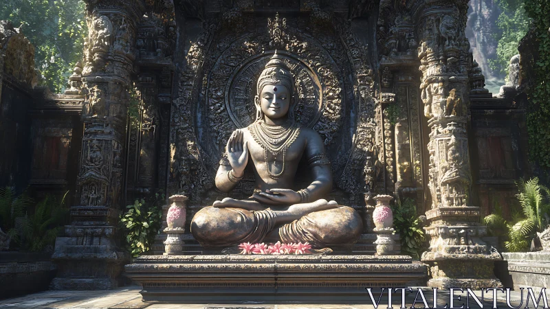 Serene stone deity rests in sunlit temple of quiet grace