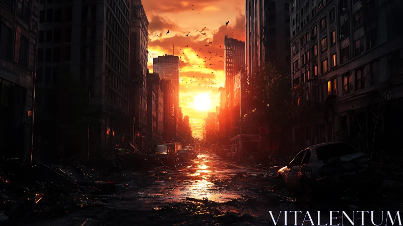 Abandoned city street at sunset with damaged buildings and cars.