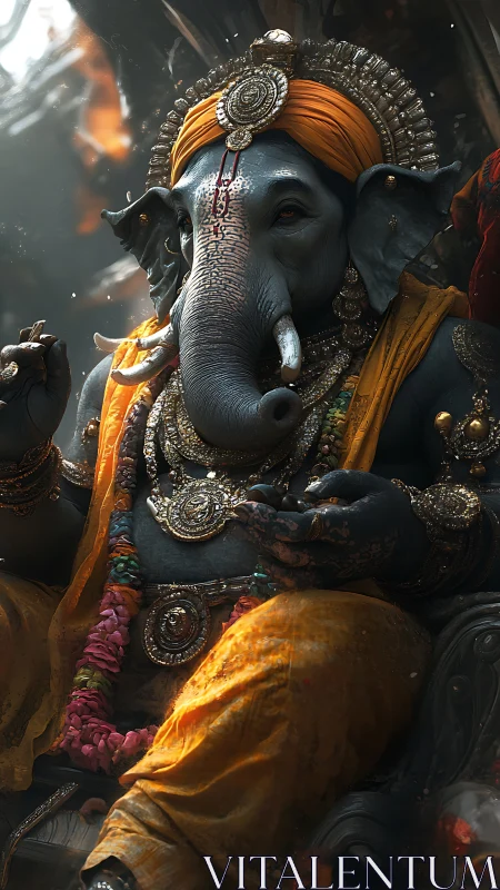 Hyperreal ornate elephant deity rendered with volumetric light.