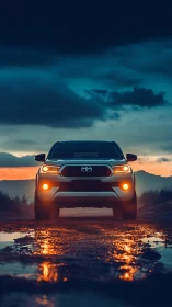 Toyota SUV on wet dirt track at dusk under dark clouds.
