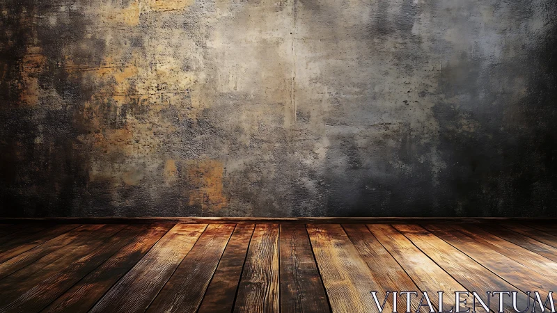 Weathered concrete wall meets worn wooden floor contrast