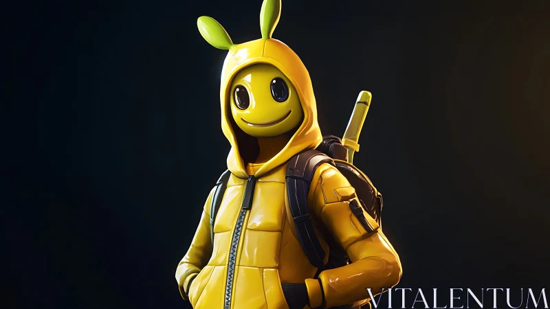 Glossy yellow mascot in hooded jacket with backpack and sword