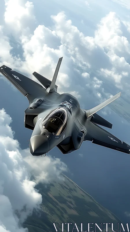 Stealth fighter jet slices through bright high-altitude cloudscape.