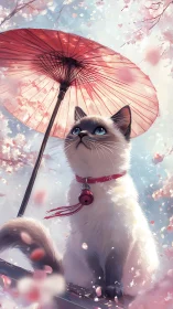 Siamese kitten holding pink umbrella beneath falling blossoms