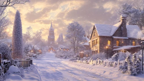 Snow-covered village street with church tower at sunset.